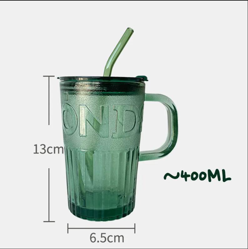 Cốc Thuỷ Tinh Cao Cấp Chịu Nhiệt Có Nắp Và Quai Kèm Theo Ống Hút 400ml In Chữ Diamond Giao Màu Ngẫu Nhiên - Hàng chính hãng