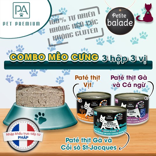 (Combo 3 hộp 3 vị) Pate cho mèo Petite Balade 200g/hộp (Pate thịt Vịt, Pate thịt Gà &amp; Cá ngừ, Pate thịt Gà &amp; Cồi Sò St- Jacques) nhập khẩu từ Pháp