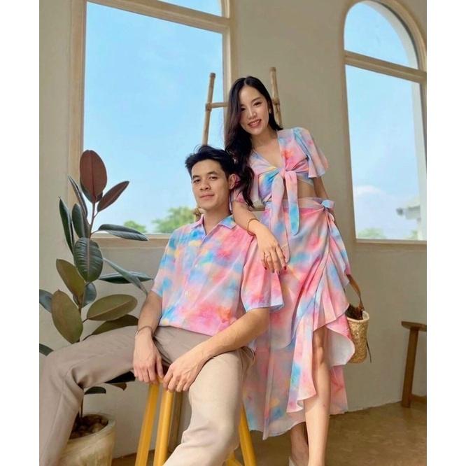 Set áo đôi đi biển đầm maxi phối màu rực rỡ dành cho couple