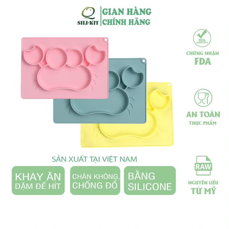 Khay ăn dặm hình con cua chia ngăn, đế hít chân không chống đổ, hỗ trợ bé phát triển kỹ năng ăn độc lập