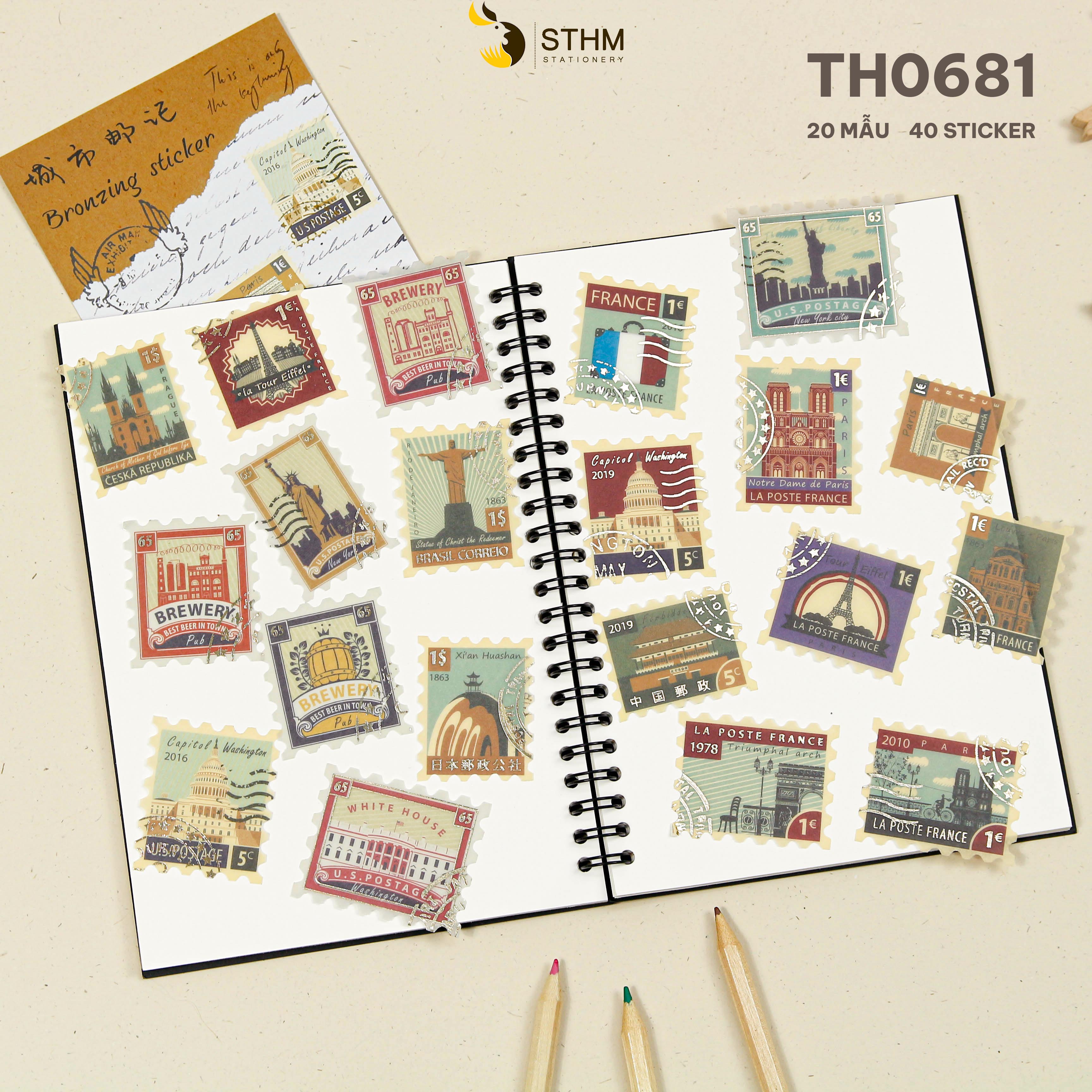 Sticker xấp 40 tờ - 20 mẫu có ánh kim - Phụ kiện trang trí sổ tay vintage - STHM stationery