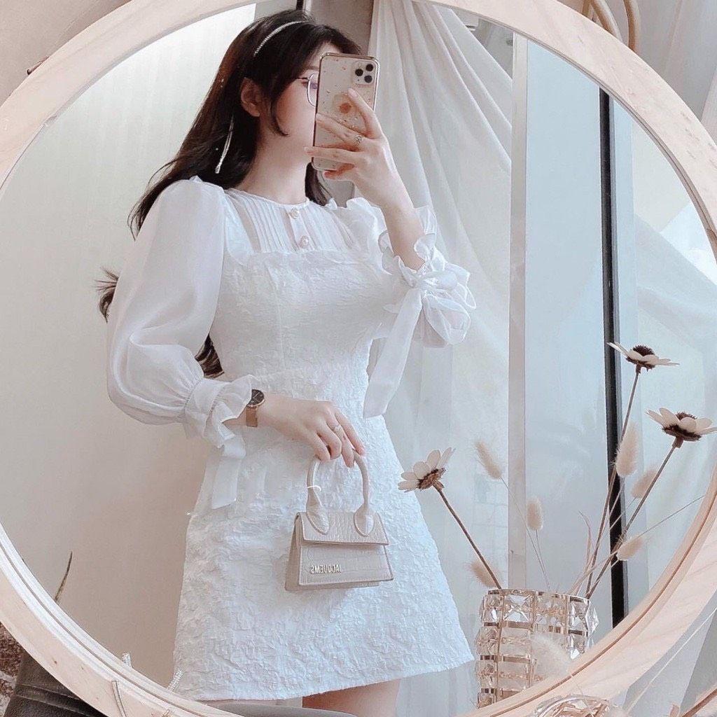 Đầm Trắng Phối Tay Voan Cột Nơ Thanh Lịch