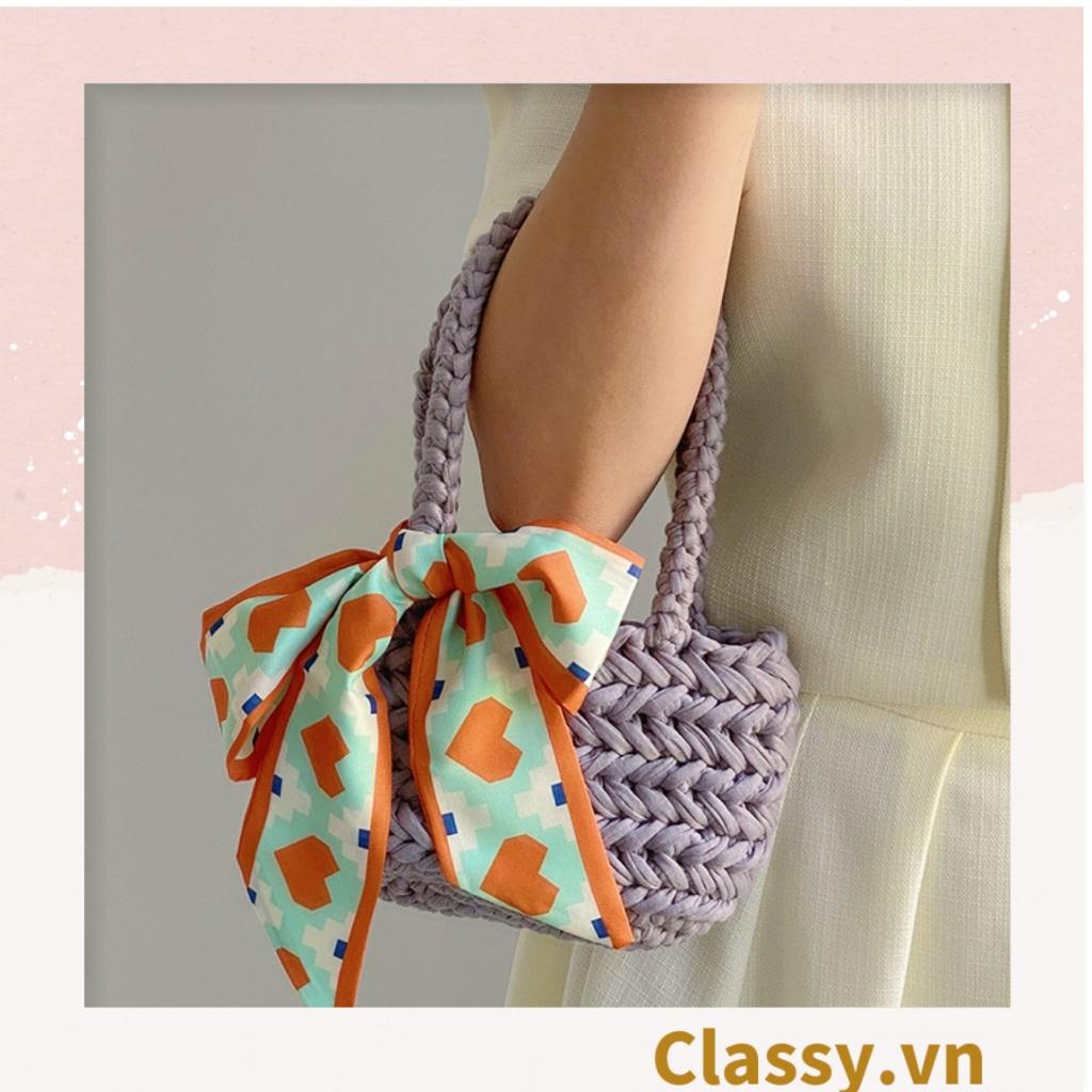 Túi làm từ sợi len nhiều màu pastel Classy, quai xách chắc chắn có đính kèm nơ thời trang T1240 (đã dệt thành phẩm)
