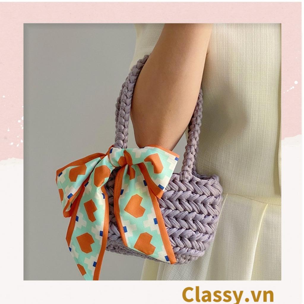 Túi làm từ sợi len nhiều màu pastel Classy, quai xách chắc chắn có đính kèm nơ thời trang T1240