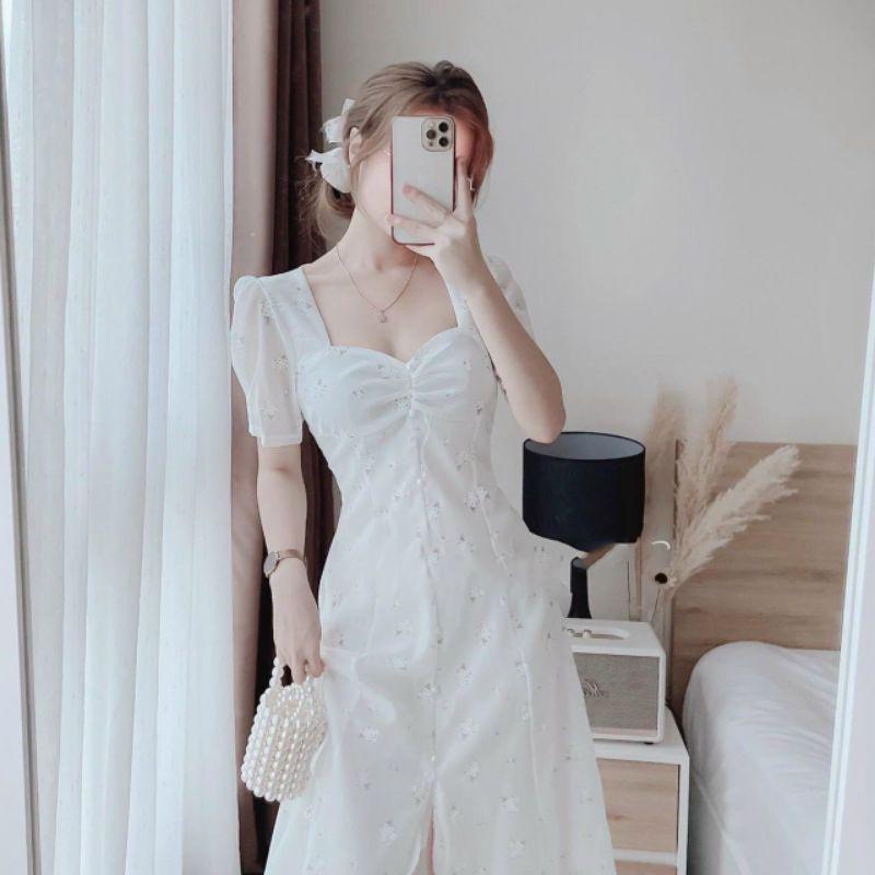 Đầm midi nữ hoa trắng nhíu ngực đính hạt Sunny Dress