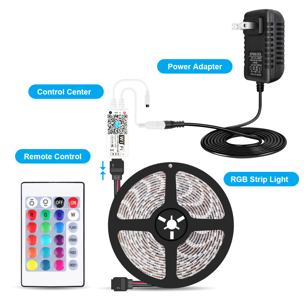 Dây led dán 5050 điều khiển bằng điện thoại qua WIFI 5 mét nhiều màu kèm điều khiển 24 phím + nguồn