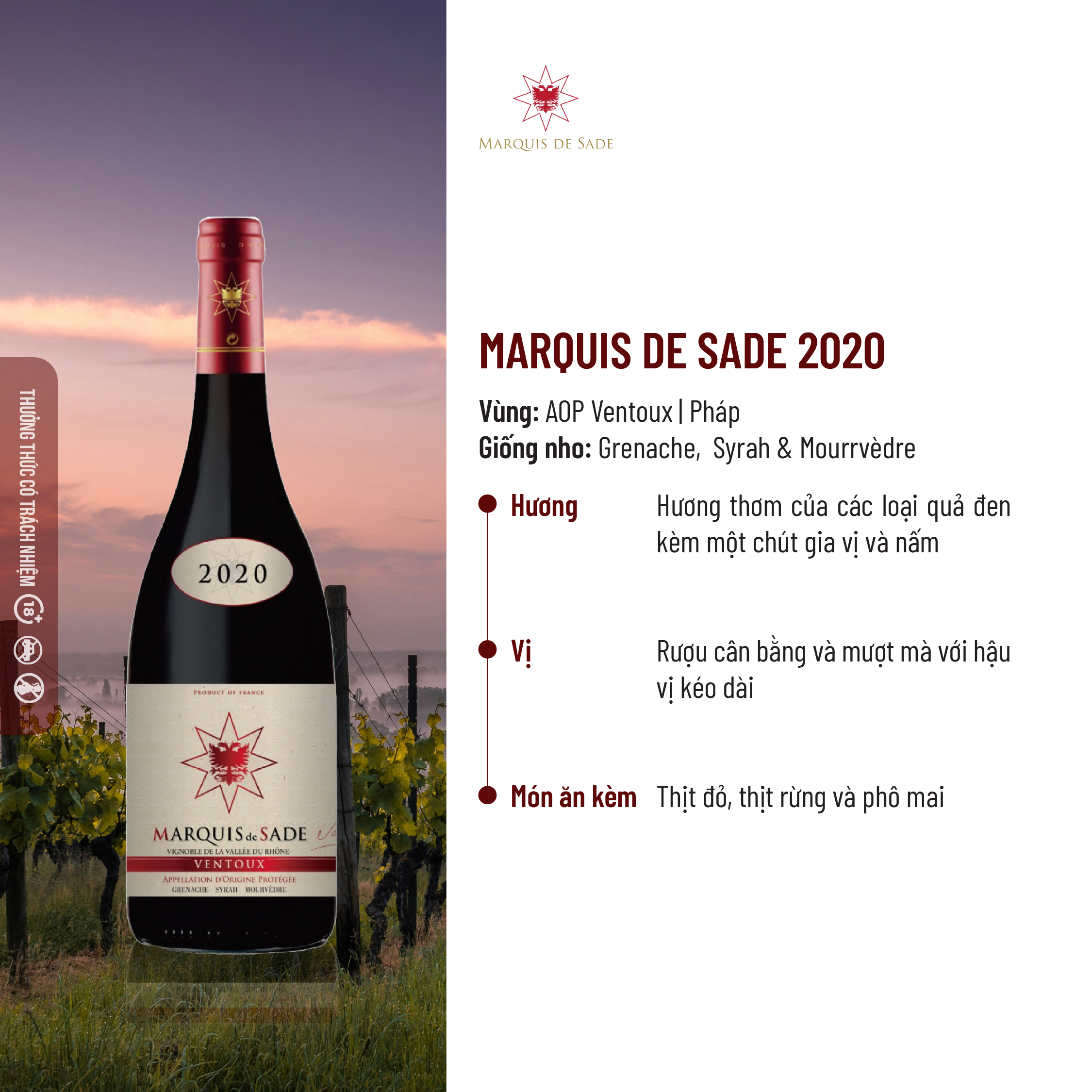 Rượu Vang Marquis De Sade Ventoux Appellation D'Origine Protégée 2020 - Nồng Độ 15.5%. [Không hộp]