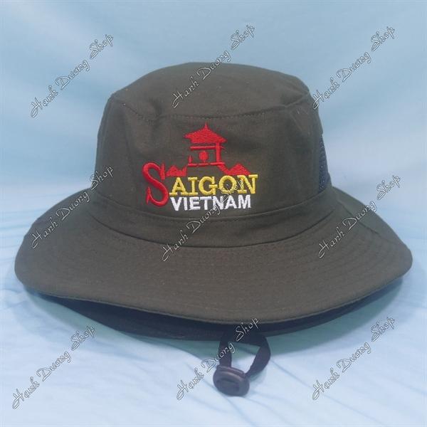 Nón tai bèo nón lính nam thêu chữ Sài Gòn Việt Nam, có lỗ thông gió bên hông nón - Nâu
