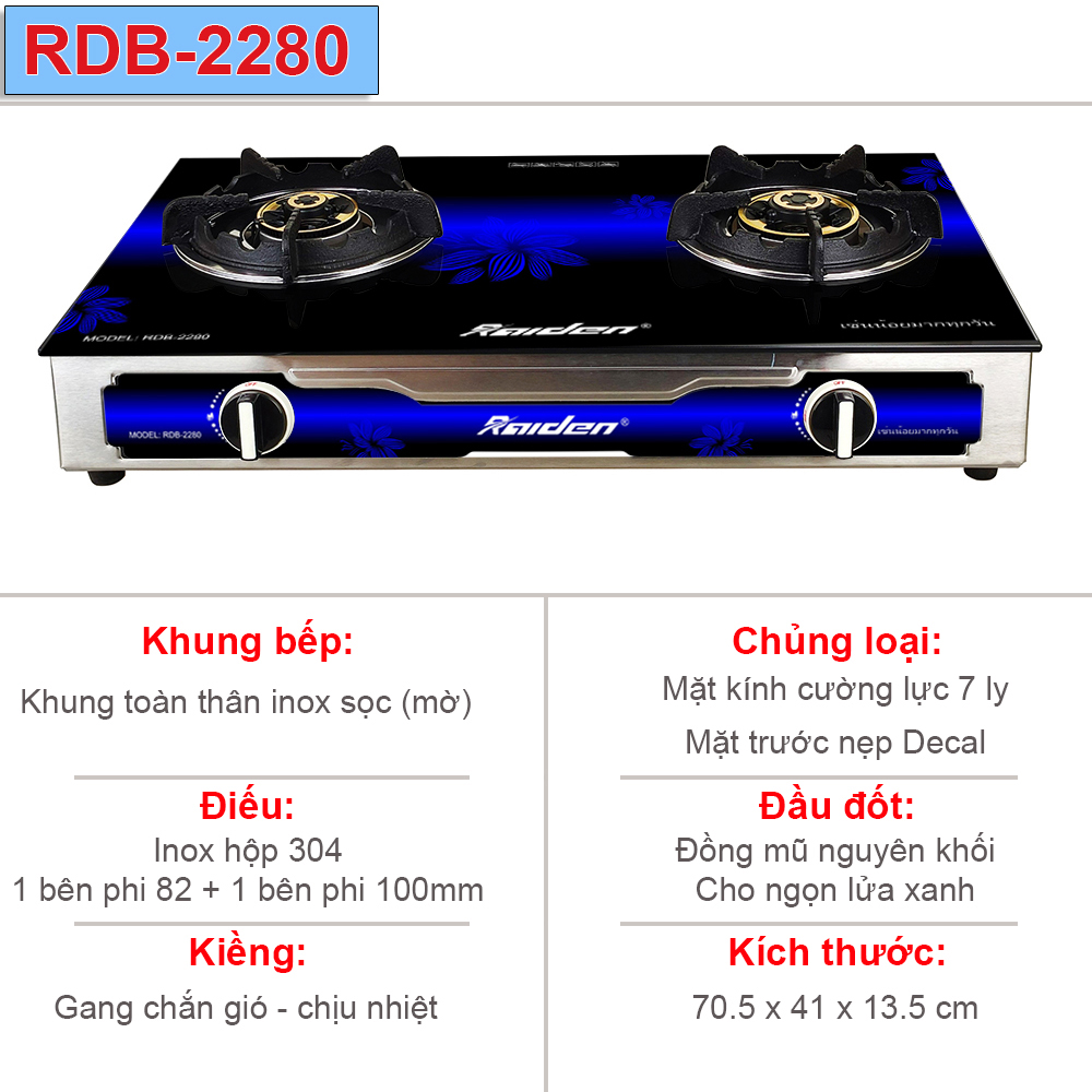 Bếp ga đôi Raiden RDB-2280 điếu inox 304 82mm + 100mm, đầu đốt đồng cho ngọn lửa xanh - Hàng chính hãng