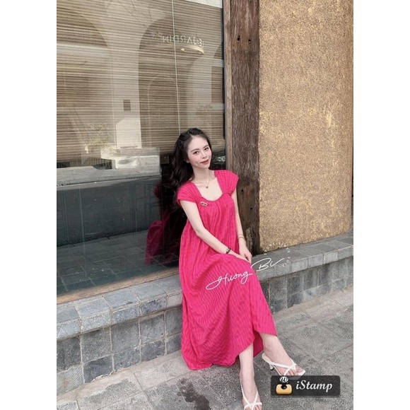 Váy maxi kẻ đũi bo chun ngực tay bè xinh dáng dài ba màu
