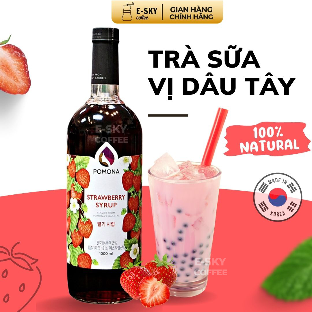 Siro Dâu Tây POMONA Strawberry Syrup Nguyên Liệu Pha Chế Hàn Quốc Chai Thủy Tinh 1 lít