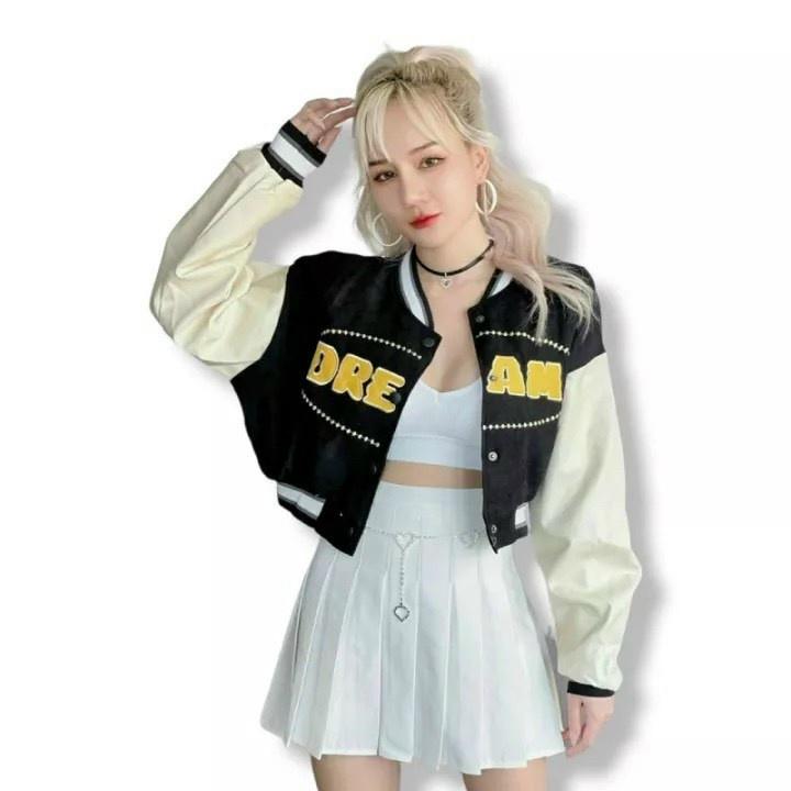 Áo Khoác Bomber Croptop Da Lộn Kiểu Lửng Chữ DREAM Có Túi Trong 2 Lớp Lót Dù - TEEN ĐẸP - Phong Cách Hàn Quốc Chống nắng
