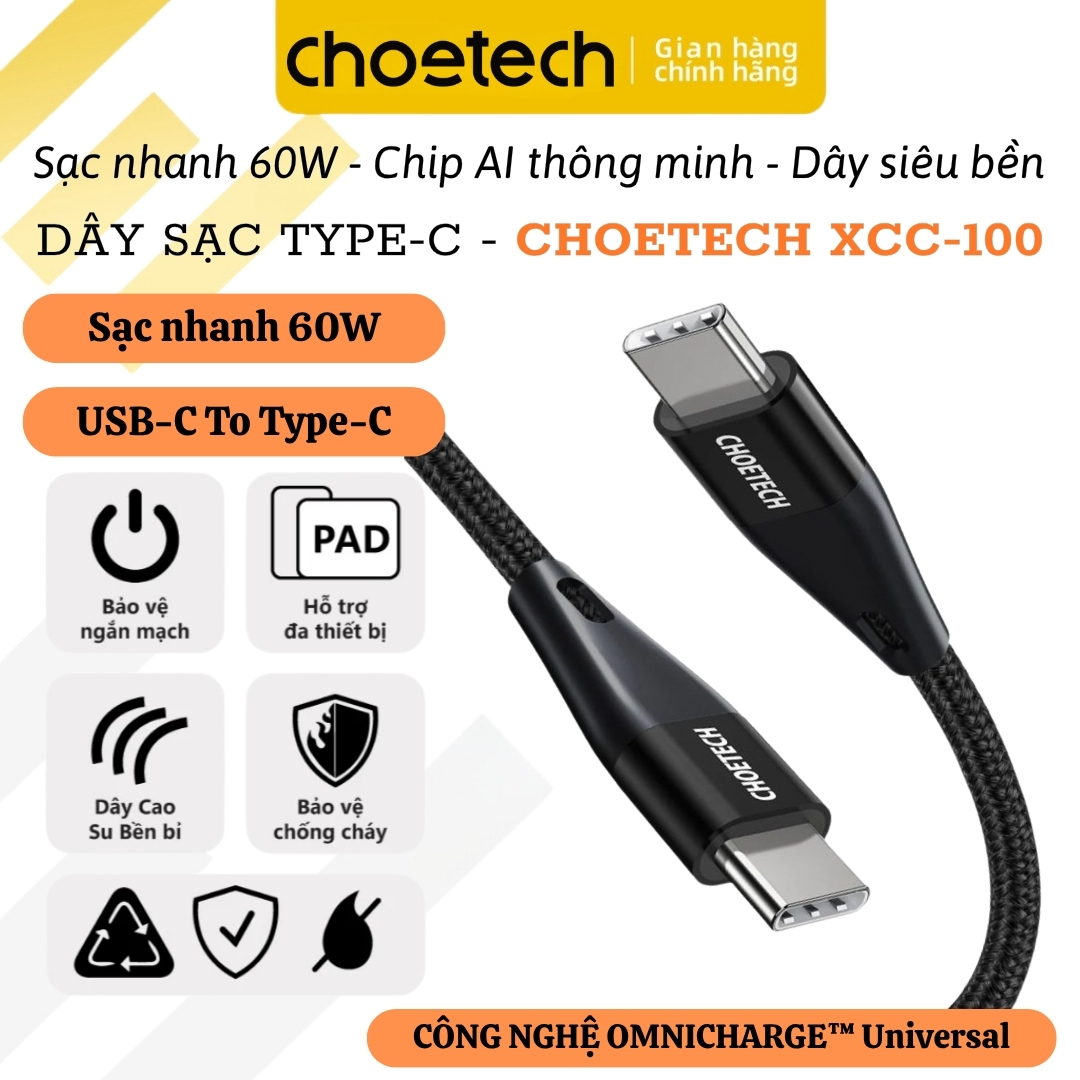 Dây cáp sạc nhanh PD + QC3.0 60W SmartChip AI DURAFLEX Choetech XCC100 siêu nhanh dùng cho tất cả dòng iP 15 16 17 Samsung Oppo MacBook, iPad, Android, Nintendo Switch- Hàng nhập khẩu