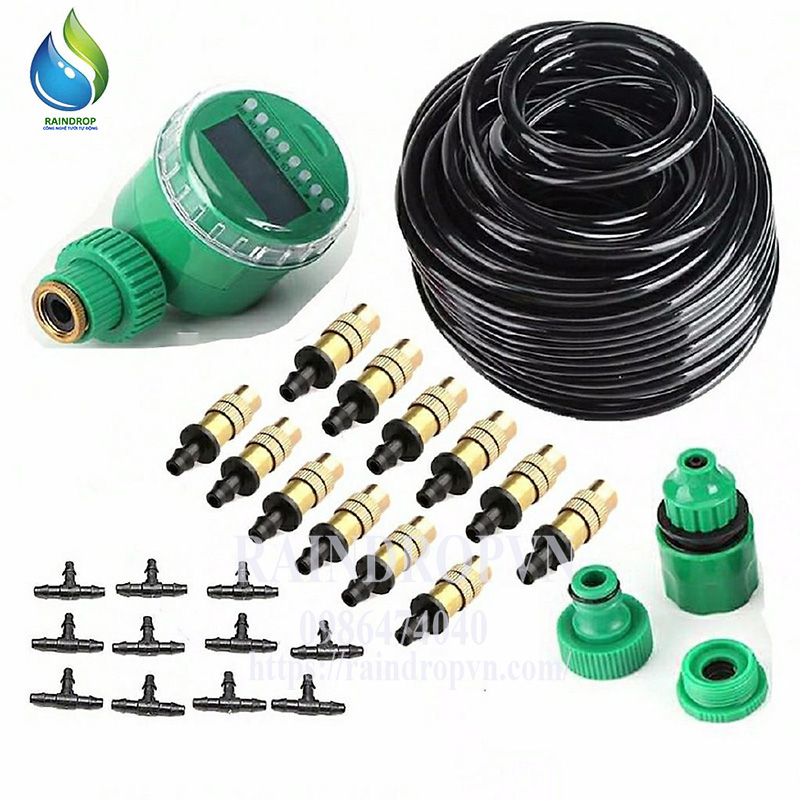 Bộ KIT Phun Sương Tưới Cây 12 Béc Bằng Đồng Cao Cấp kèm van hẹn giờ pin