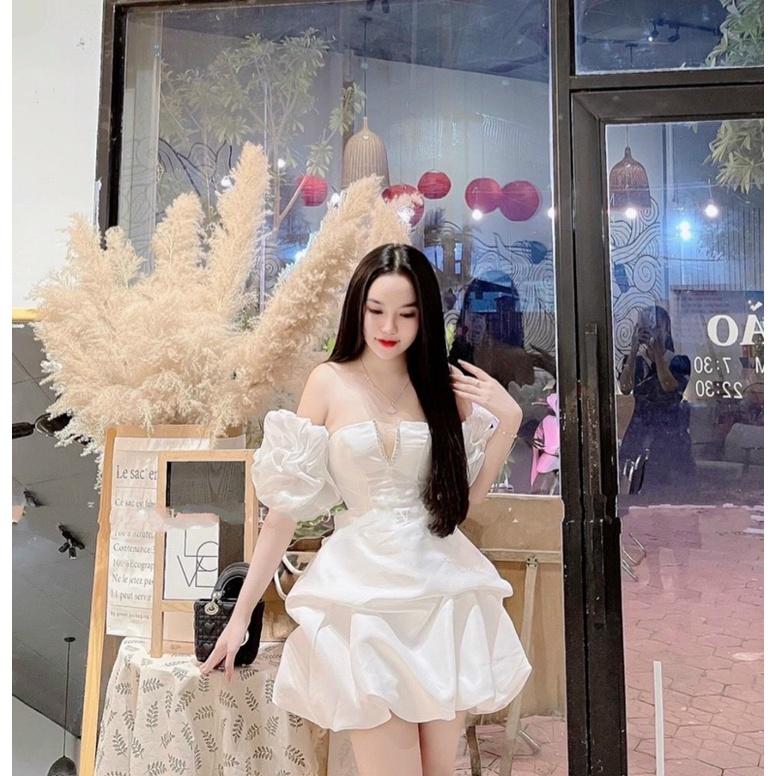 Váy nữ trễ vai xẻ lưới ngực viền đá xoè phồng dự tiệc chất tafta full màu V329 fullsize AĐ BOUTIQUE