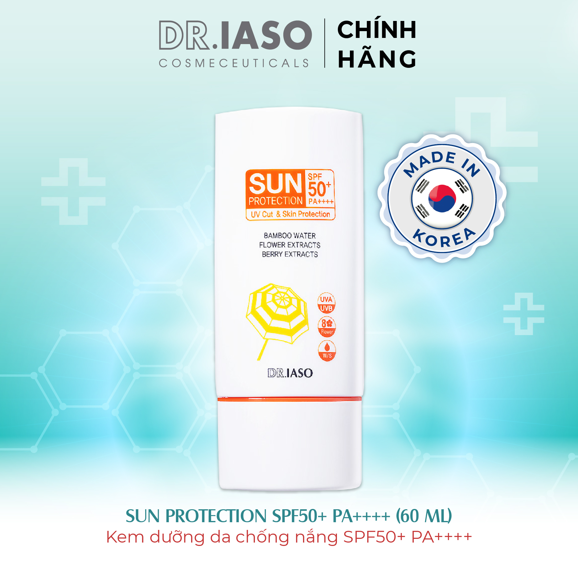 Combo 2 D38 Kem dưỡng da chống nắng Dr IASO Sun Protection Spf50+/Pa++++ 60ml