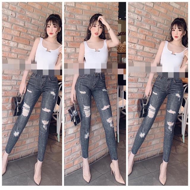 QUẦN JEAN DÀI BIG SIZE MÀU XÁM CHUỘT RÁCH KIỂU LƯNG CAO CO DÃN MẠNH 2883