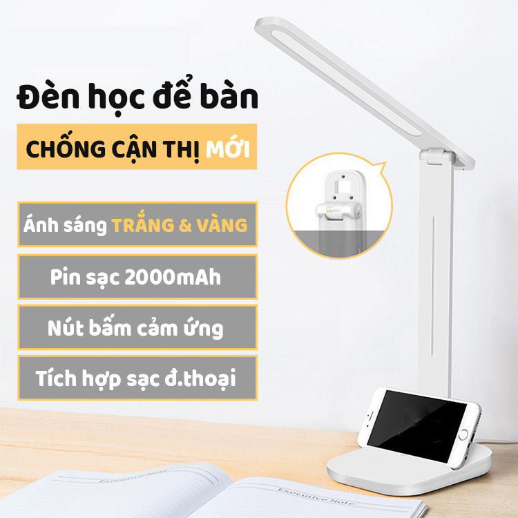 Đèn bàn học chống cận thị bảo vệ mắt điều chỉnh độ sáng cảm ứng, hỗ trợ 3 chế độ sáng công suất 7W pin sạc 5V/2000mAh