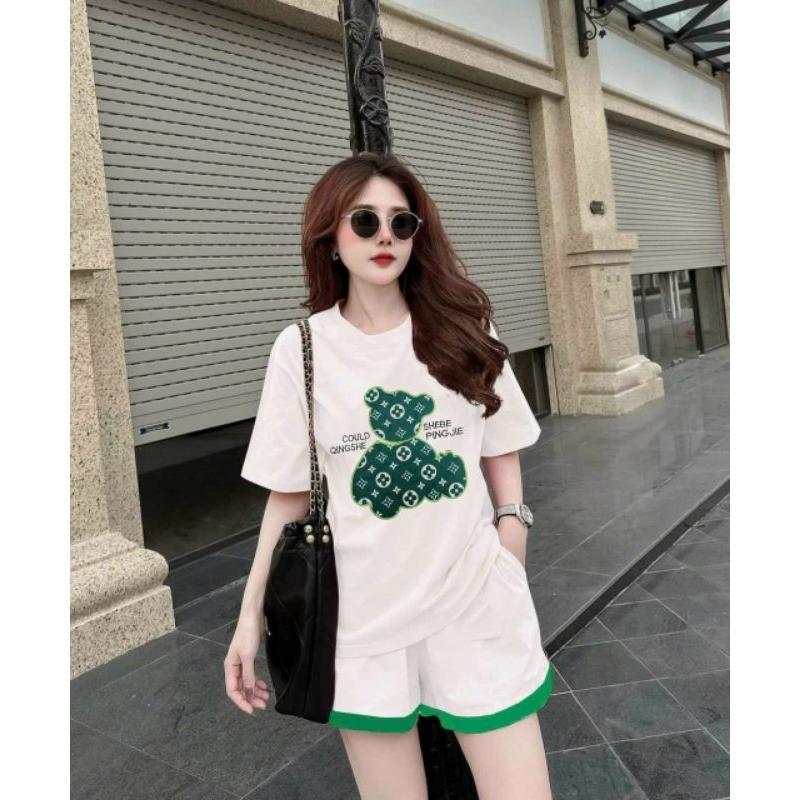 Bộ đồ nữ quần đùi ngắn áo thun cotton 100% form rộng thêu hình gấu, bộ đồ thể thao đi chơi, bộ đồ mặc ở nhà siêu xinh