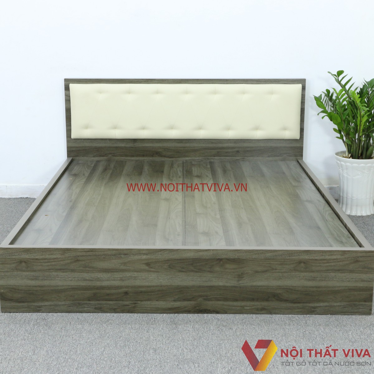 Giường Ngủ Gỗ MDF Melamine Màu Xanh Rêu Vân Gỗ Có Đầu Nệm Kem Đẹp Hiện Đại
