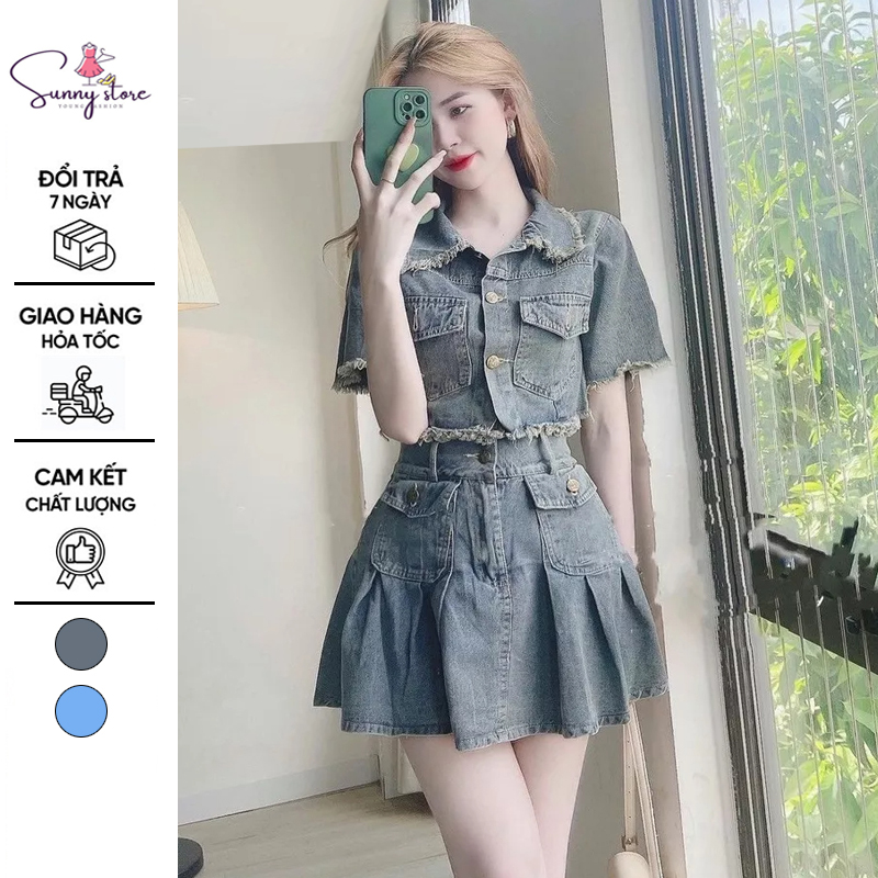 Set đồ nữ áo jean croptop kèm chân váy kiểu hàn quốc