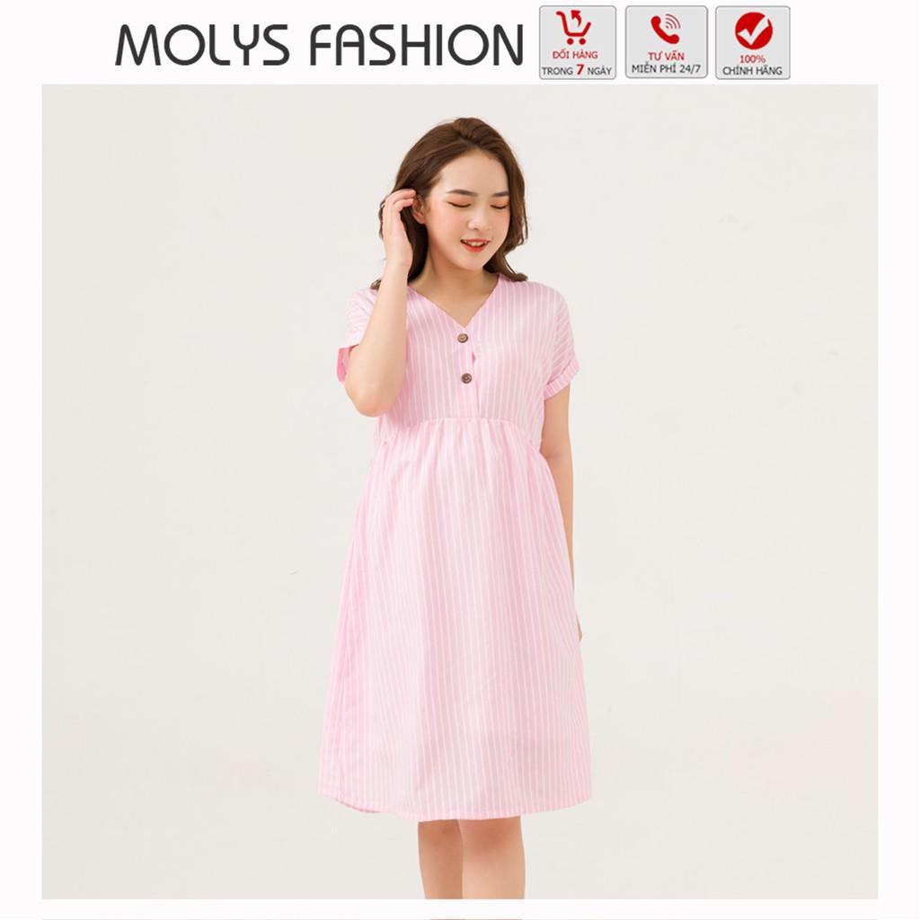 Váy bầu dáng baybydoll MOLYS M2451 cúc giữa vải thô đũi hồng phấn kẻ trắng tôn da checkin đến hết thai kỳ