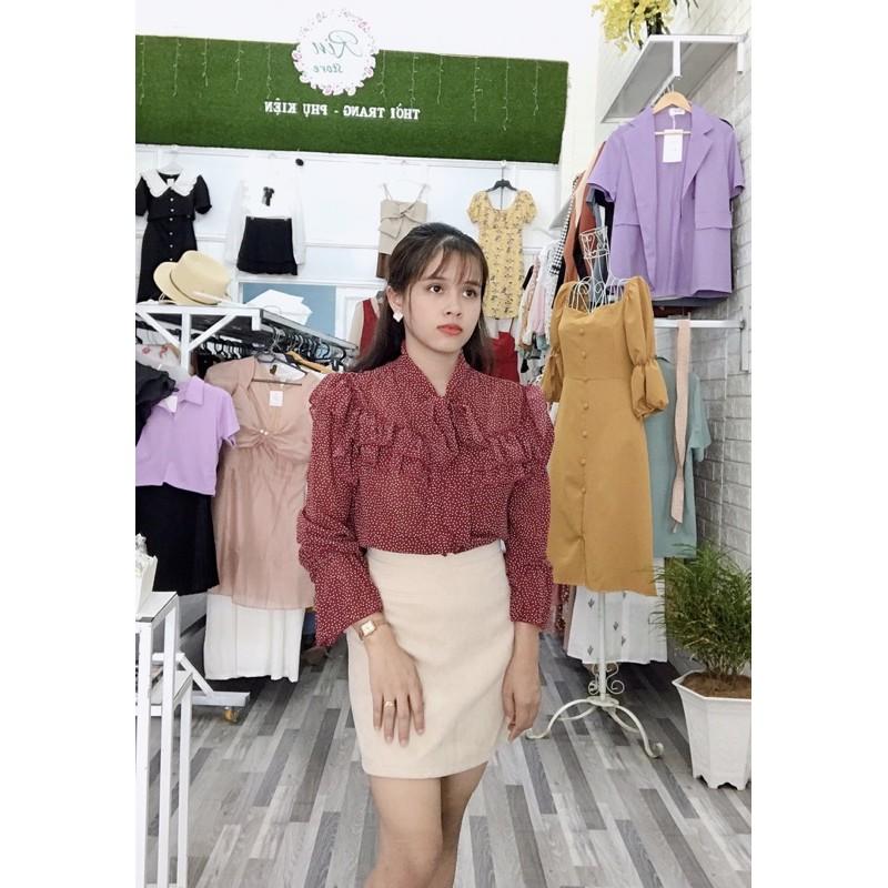 Sơ mi bèo cổ cột nơ hoạ tiết chấm bi