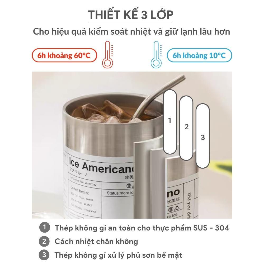 Cốc Giữ Nhiệt Iced Americano Có Ống Hút Dung Tích 600ml/ 360ml, Bình Giữ Nhiệt Inox 304 Cao Cấp, Ly Giữ Nhiệt 6-8 Tiếng
