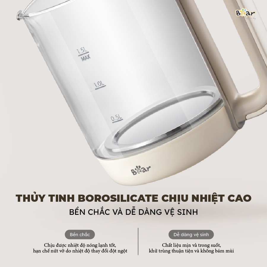 Bình Pha Trà Sothing Bear SB-PT15K 1000W Ấm Thủy Tinh Đun Nước Giữ Nhiệt Hẹn Giờ Có Lõi Lọc- Hàng Chính Hãng