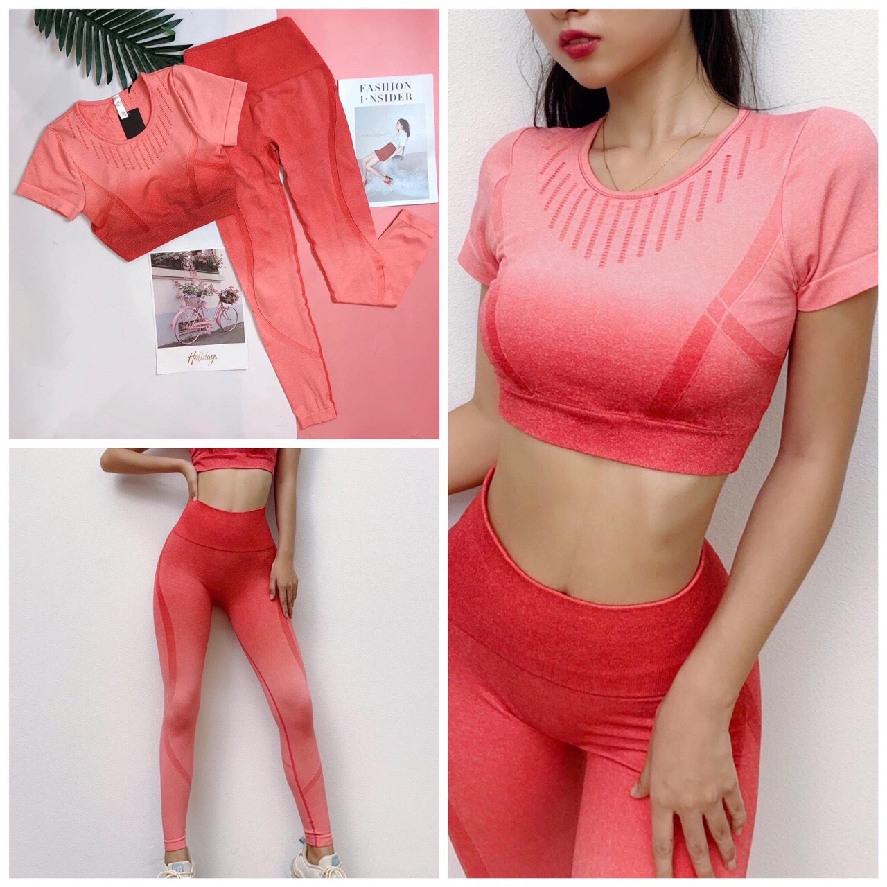 Bộ đồ tập gym nữ croptop tay ngắn, bộ tập yoga aerobic dệt kim co giãn quần dài áo thun croptop tay ngắn