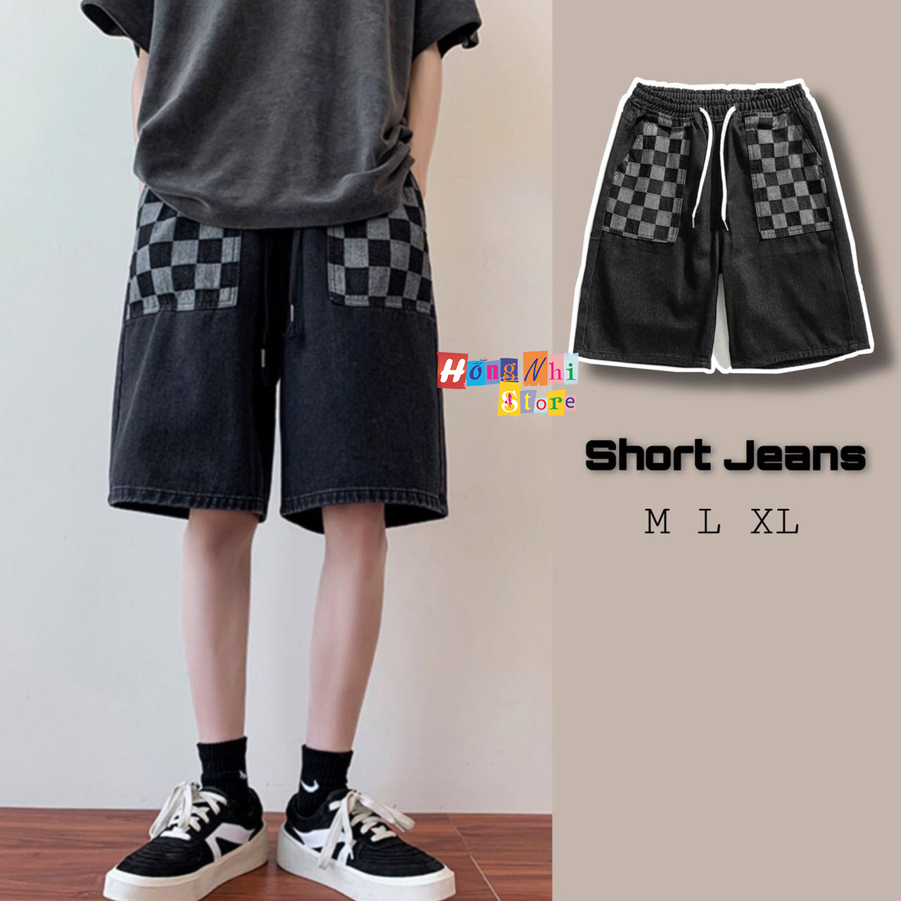 Quần Short Jean Đùi Nam Caro Chun Thun Ống Rộng Ulzzang - MM