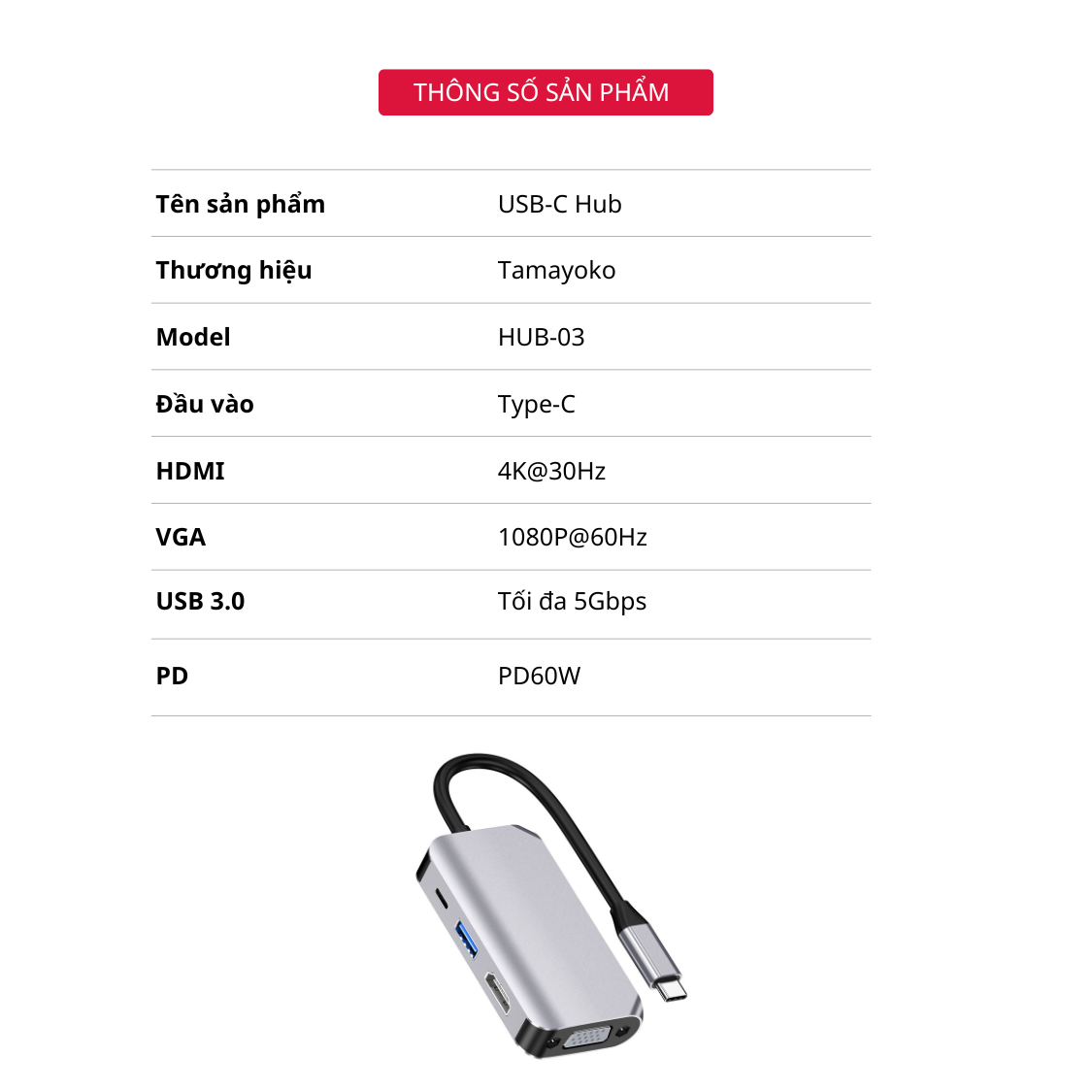 Hub Chuyển Đổi Type-C Chia 4 Cổng HDMI/VGA/PD 2.0/USB 3.0 - Hàng Chính Hãng Tamayoko