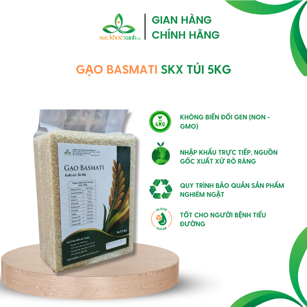Gạo Basmati India Ấn Độ, Chỉ Số Đường Huyết Gi Thấp, Tốt Cho Người Bị Tiểu Đường, Túi 5Kg
