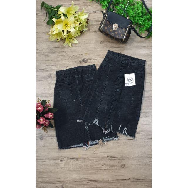 Chân Váy Jeans Nữ Đen khuy 