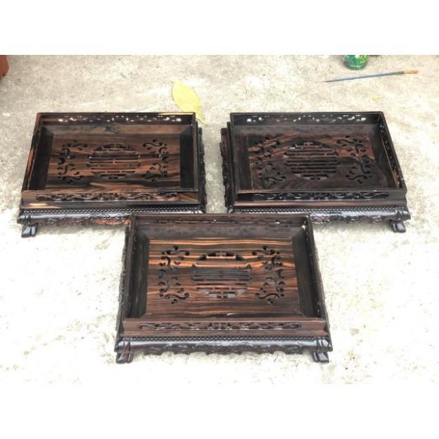 Khay trà chân quỳ trạm rồng gỗ mun hoa