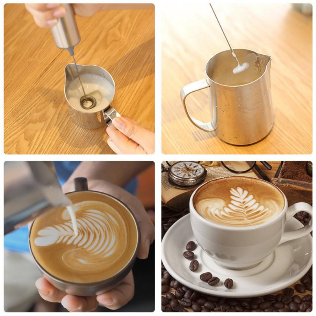 Electric Stainless Milk Frother with Double Spring Whisk Head & Storage Tube