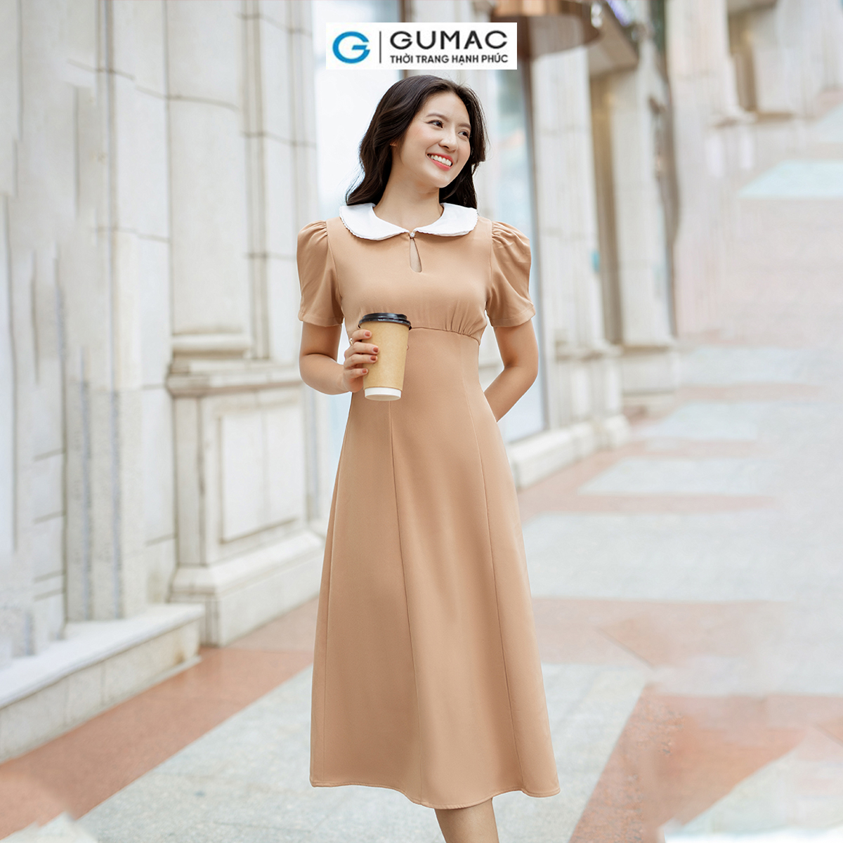 Đầm tay ngắn xếp ly phối bâu tròn thời trang GUMAC DD06057