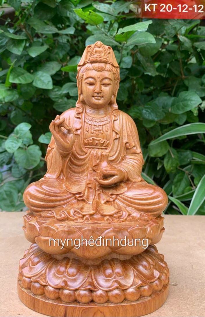 Tượng phật bà quan âm bồ bằng gỗ bách xanh thơm nức kt cao 20×12cm