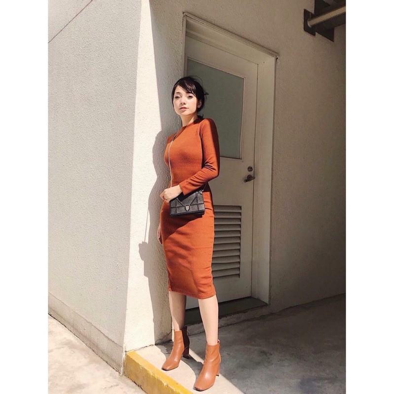 Váy body len tăm dài tay cổ tròn