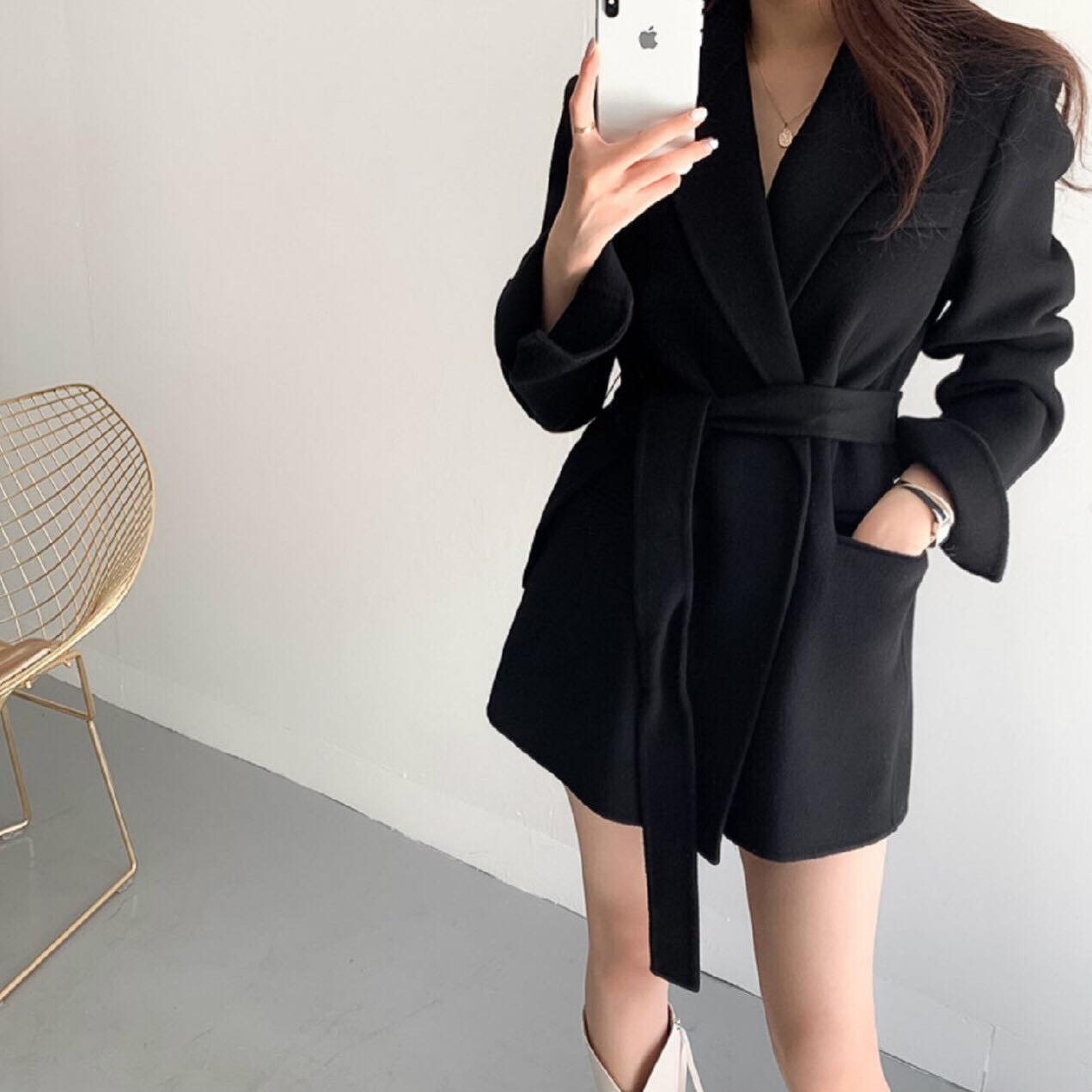 Áo Blazer Vest dạ len dáng dài thắt đai phong cách thời trang Hàn Quốc