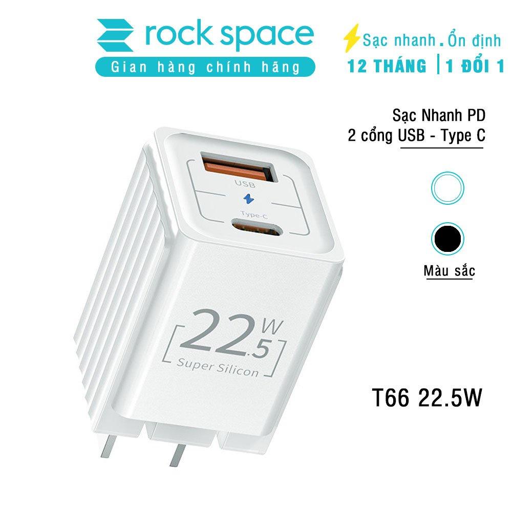 Củ Sạc Nhanh Rockspace T66 mini dành cho Iphone , 2 cổng USB - TypeC chuẩn PD 22.5W - Hàng chính hãng