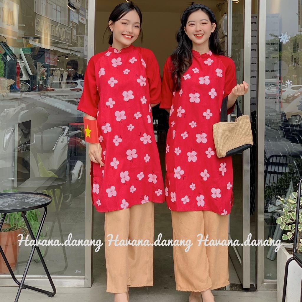 Áo dài cách tân họa tiết, áo dài nhung tăm dáng suông tay lửng