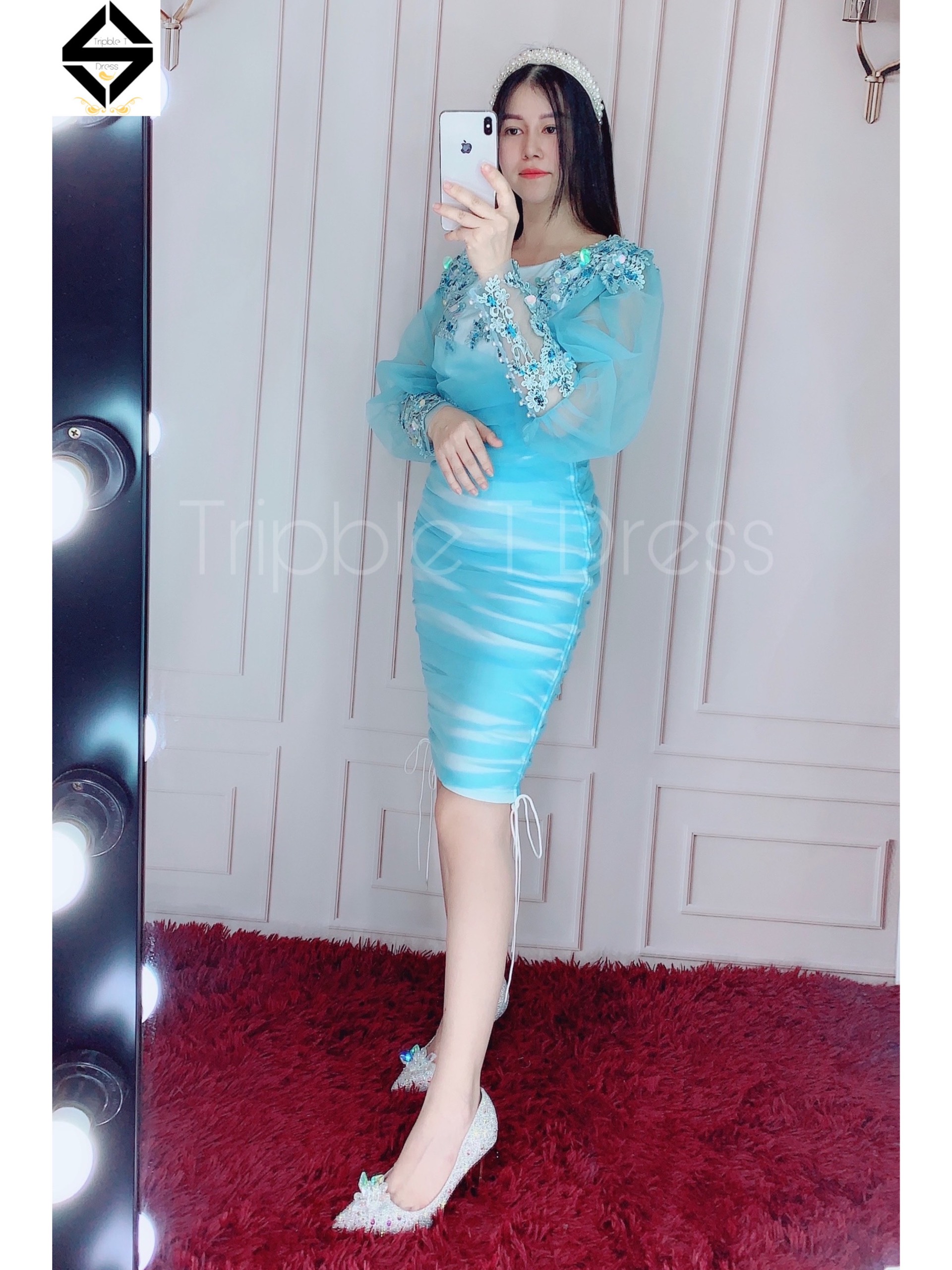 Đầm body kết cườm tay dài phồng bo cổ tay kết ngọc và hoa ren nổi TRIPBLE T DRESS - size M/L - MS121Y