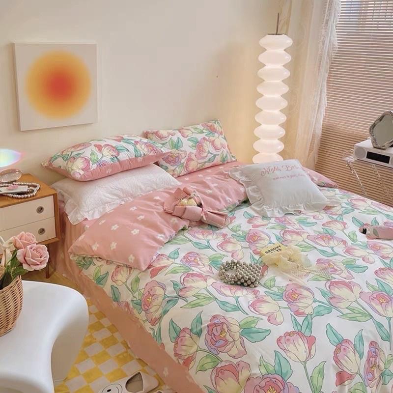 Bộ Chăn Ga Gối Cotton Living 100%cotton Hàng Nhập Khẩu Cao Cấp 4 Món Hoa tuylip