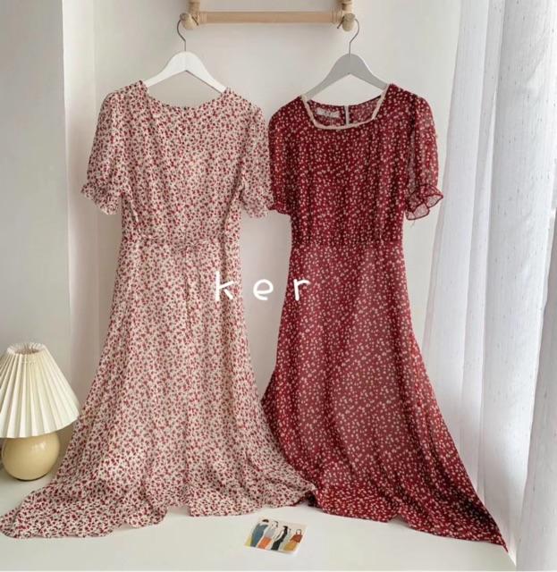 Váy hoa nhí vintage ngắn tay cổ vuông viền ren Ulzzang  Hàng Quảng Châu