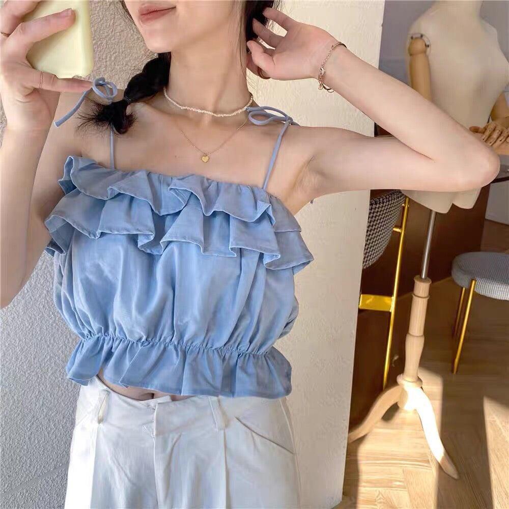 Áo hai dây chất đũi dáng croptop dây buộc vai- Áo 2 dây nữ freesize mặc siêu xinh Thechun