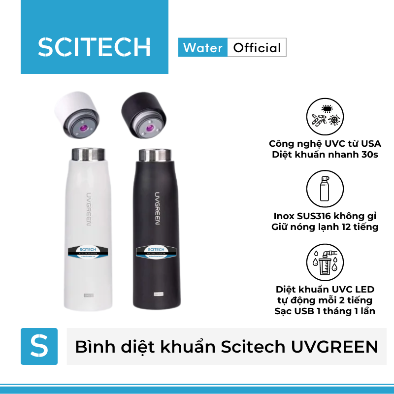 Bình nước giữ nhiệt diệt khuẩn Scitech UVGREEN 500ML - Hàng chính hãng