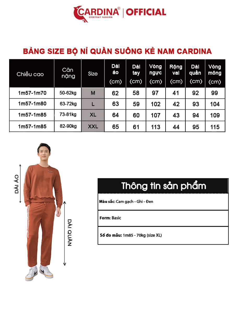 Đồ Bộ Nam CARDINA Chất Nỉ Da Cá Cao cấp Kiểu Dáng Sọc Thể Thao Năng Động 2NiM04