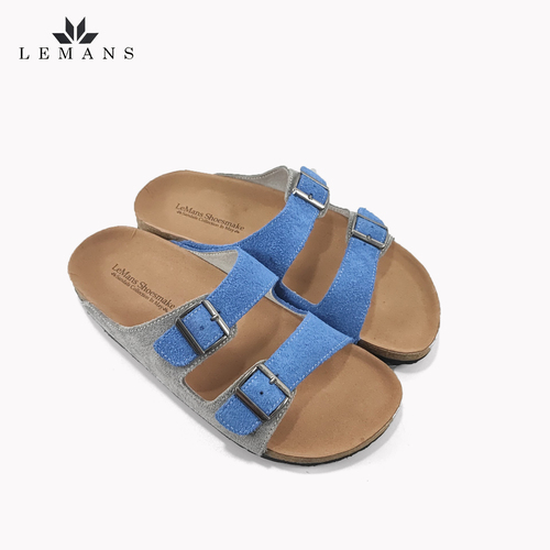 Dép Da Nubuck Phối 2 màu Xanh-Xám Đế Trấu Quai Ngang LEMANS May Sandals - Blue&amp;Grey. Quai điều chỉnh. Bảo hành 6 Tháng