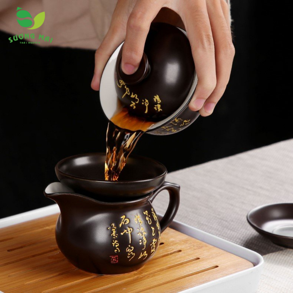 Bàn trà điện thông minh Phúc Lộc – Ấm chén nâu trắng
